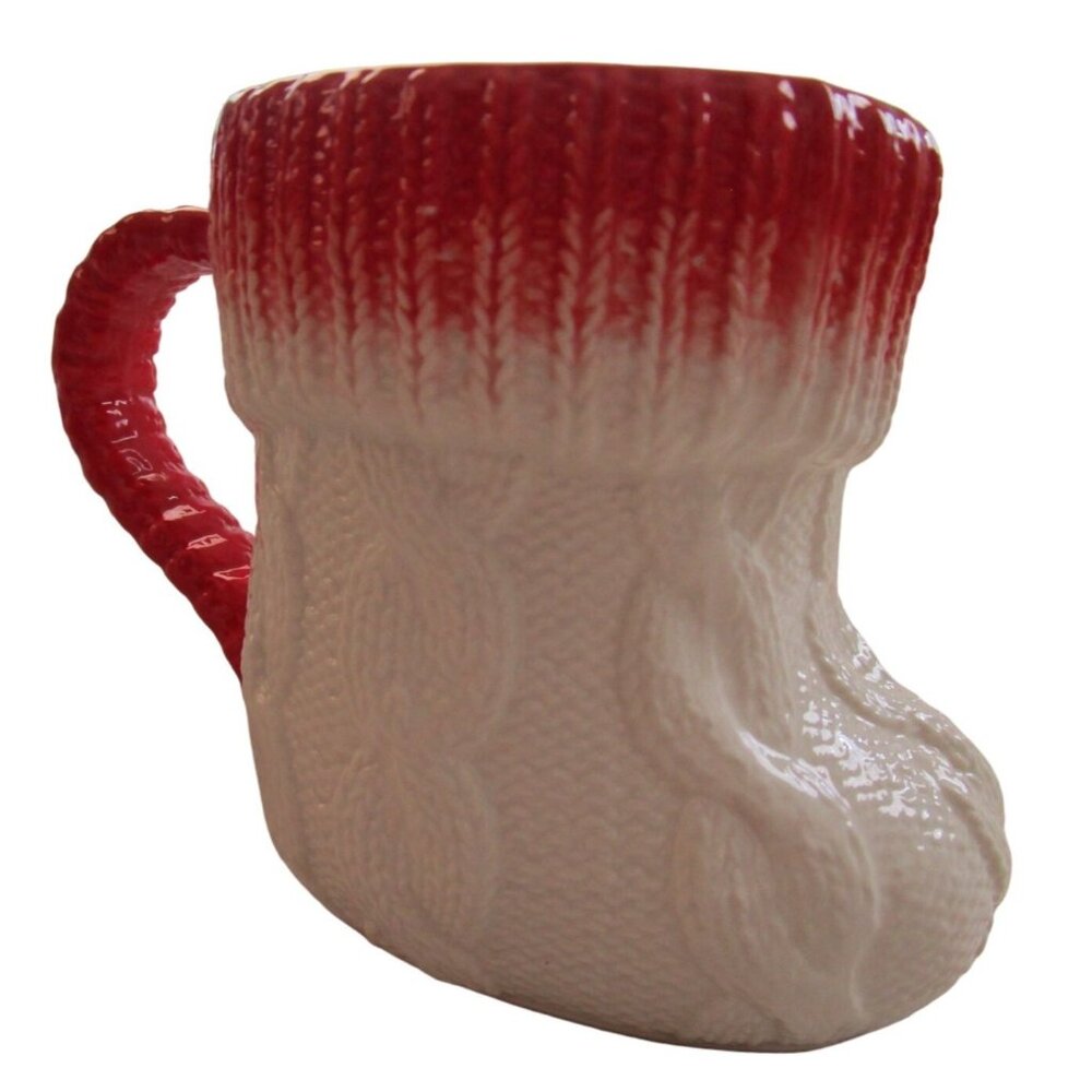 Anthropologie Christmas Cable Knit  Ceramic Stocking Boot Mug Red White EUC